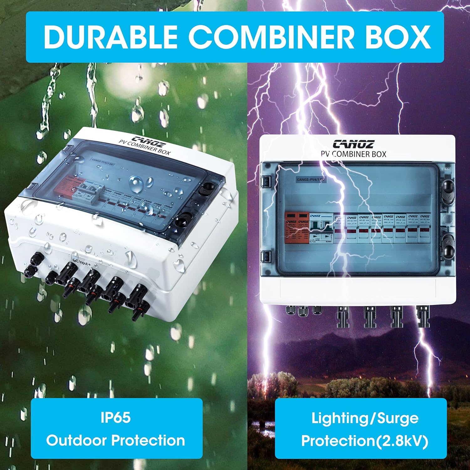 CANOZ-PV4/1 PV Combiner Box, 4 String, with 15A Rated Current Fuse, 63A Circuit Breaker