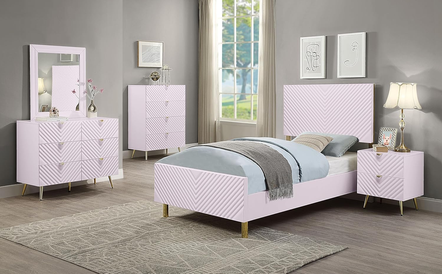 Acme Gaines 6-Drawer Contemporary Wood/Metal Dresser in Pink High Gloss