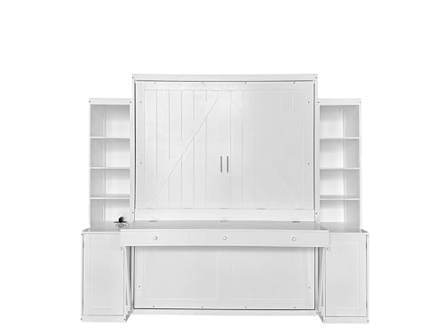 Queen Size Murphy Bed with Desk & Charging Station,Wall Bed Frame Folding into Cabinet Design w/LED & Storage Shelf for Small Space,Bedroom