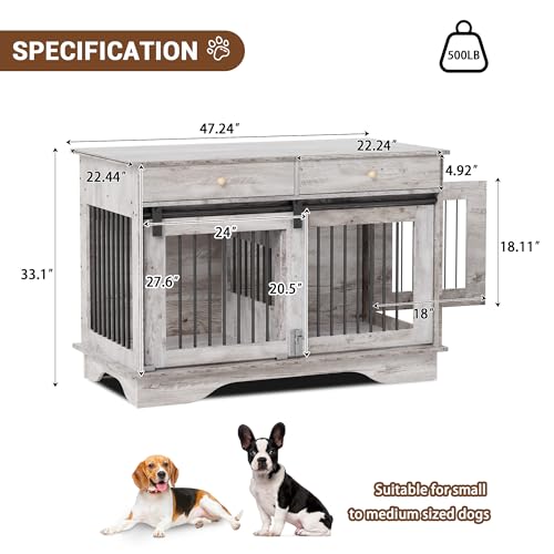 Dog Furniture Crate, 47" Large Dog Crate Furniture w/ 2 Storage Draws & Removable Divider for Large/Medium/Small Dogs (Grey, One Cage)