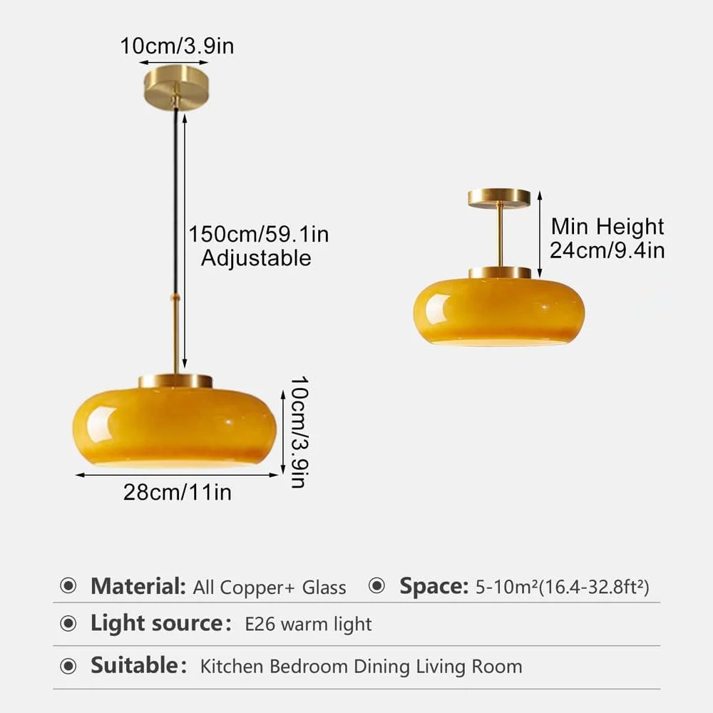 Arturesthome Ceiling Light Fixture Glass Lampshade Pendant Light with Brass Cover Amber Glass Hanging Lamp Vintage Yellow Glass Semi Flush Mount