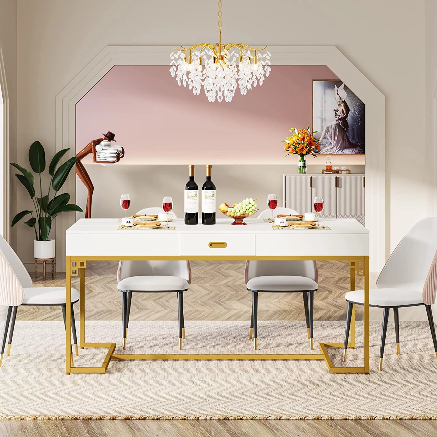 RUNFAYBIU 63 Inches Dining Table for 4 to 6  Rectangular Kitchen Table with 2 Drawers  Modern Dinner Table with Gold Metal Frame for Dining Room