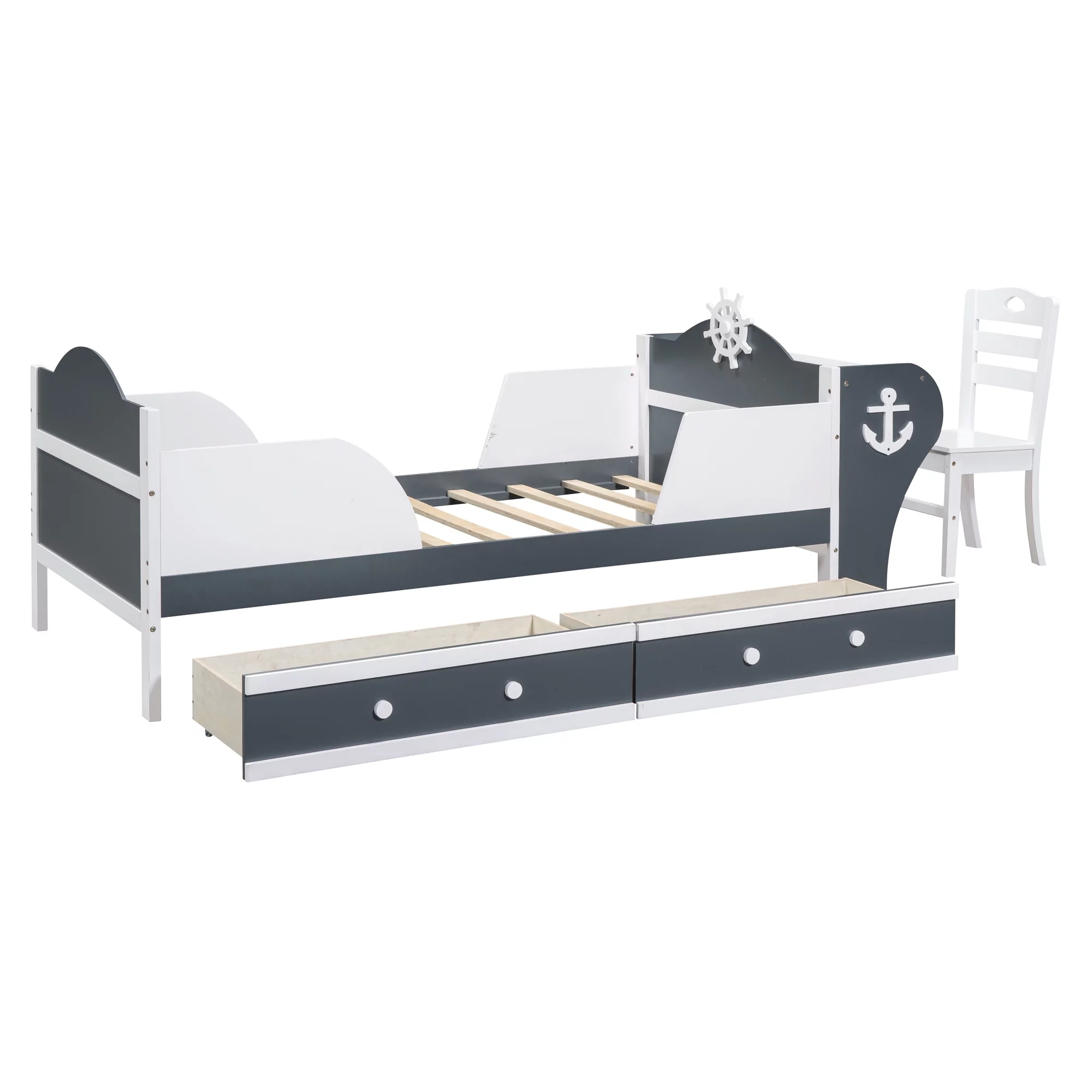 CoSoTower Twin Size Boat-Shaped Platform Bed with Two Drawers,Twin Bed with Desk and Chair for Bedroom,White+Gray