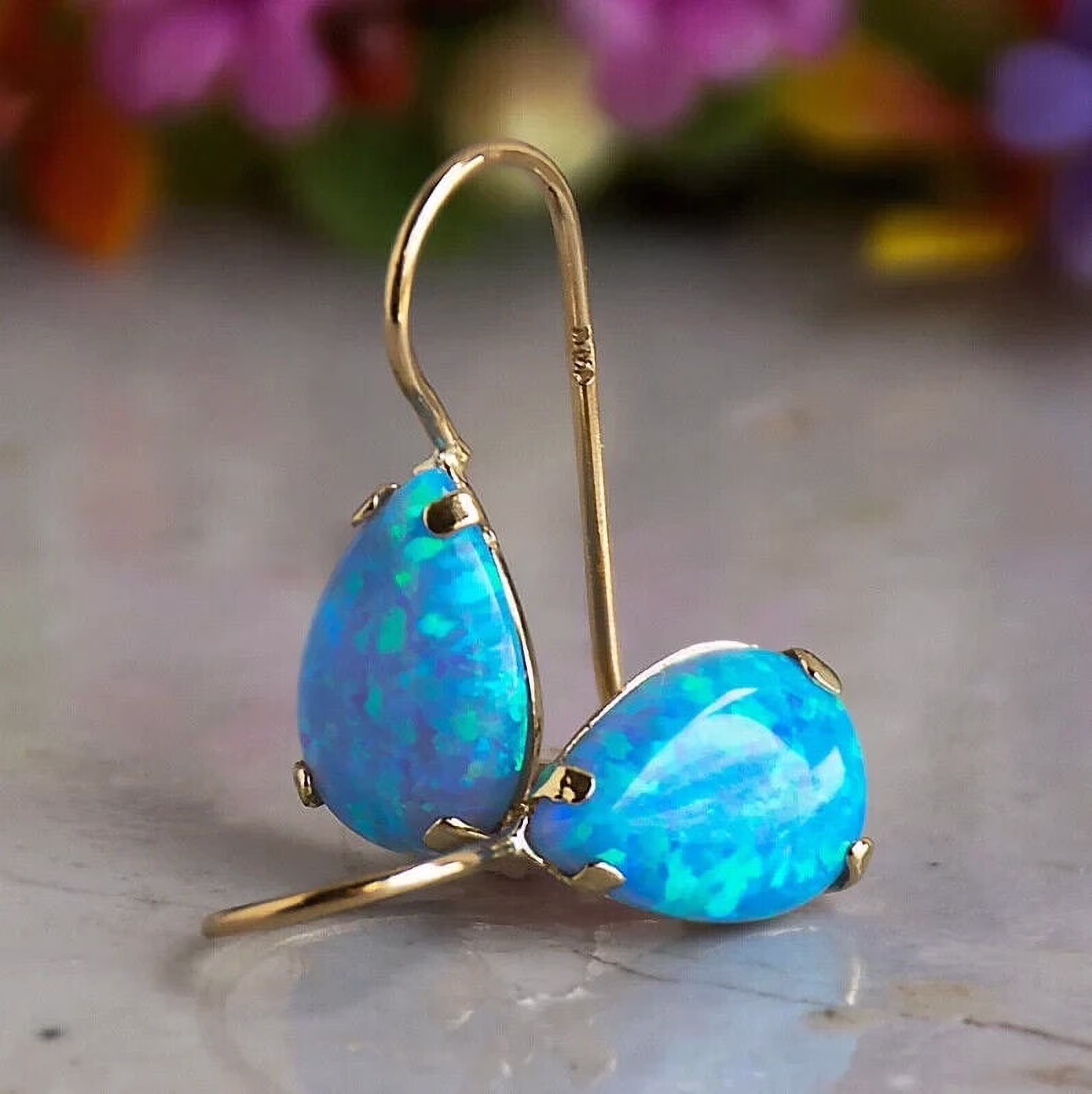 14K Yellow Gold Pear Cut Blue Opal Gemstone Earrings - Teardrop Earrings