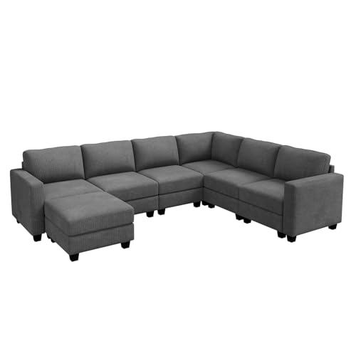 HONBAY Corduroy Modular Sectional Couch with Storage L-Shaped Sectional Couches for Living Room 6 Seater Modular Sofa, Dark Gray