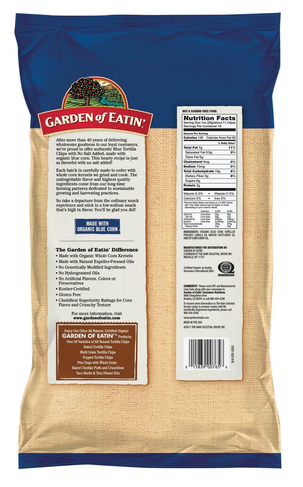 Garden of Eatin No Salt Added Blue Corn Tortilla Chips 16 oz. Pack