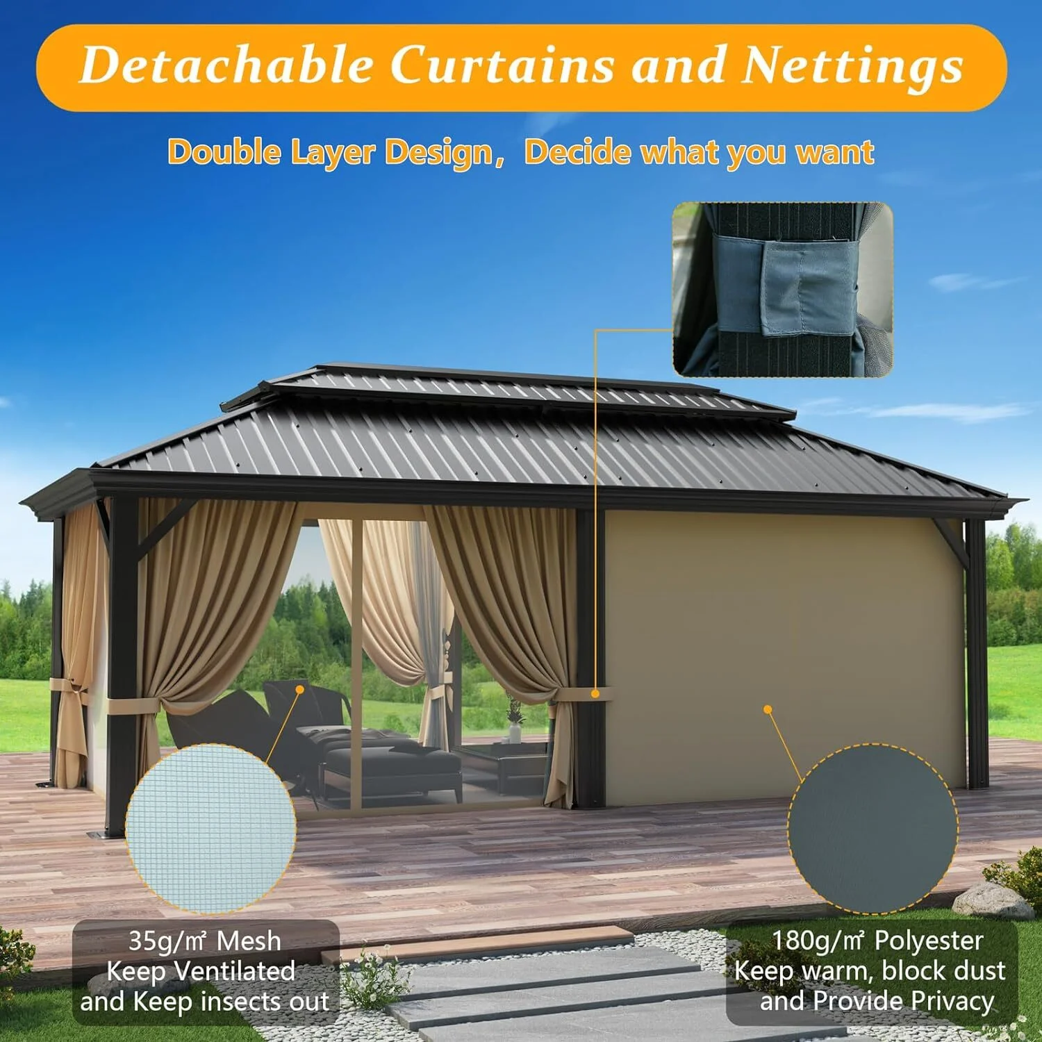 COBIZI 12x20 Hardtop Gazebo Aluminum Metal Gazebos Galvanized Steel Double Roof Permanent Hardtop Gazebo with Netting and Curtains Aluminum Frame