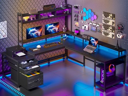 EnHomee Large L Shaped Gaming Desk with Hutch and Drawers, 64" W Reversible Computer Desk with Storage Shelves