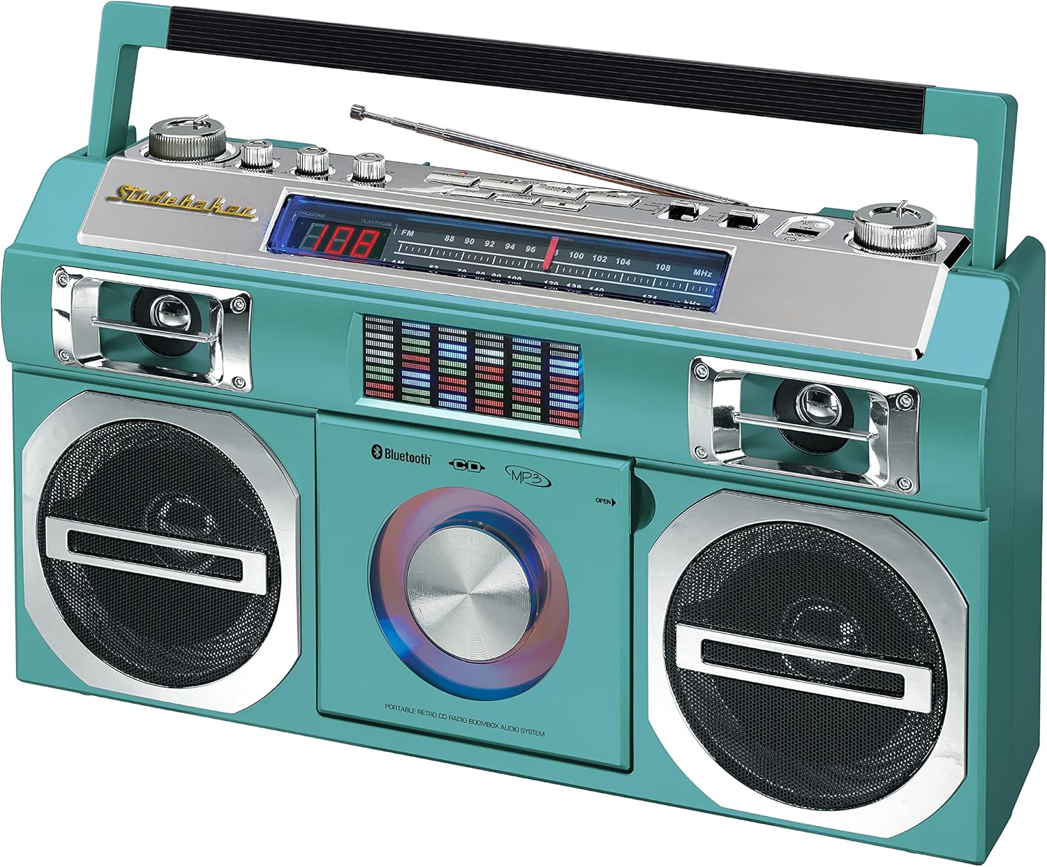 Studebaker Vintage Aqua Turquoise 80's Retro Street Bluetooth Wireless Streaming Boombox Rechargeable Battery, CD/MP3 Player, AM/FM, USB