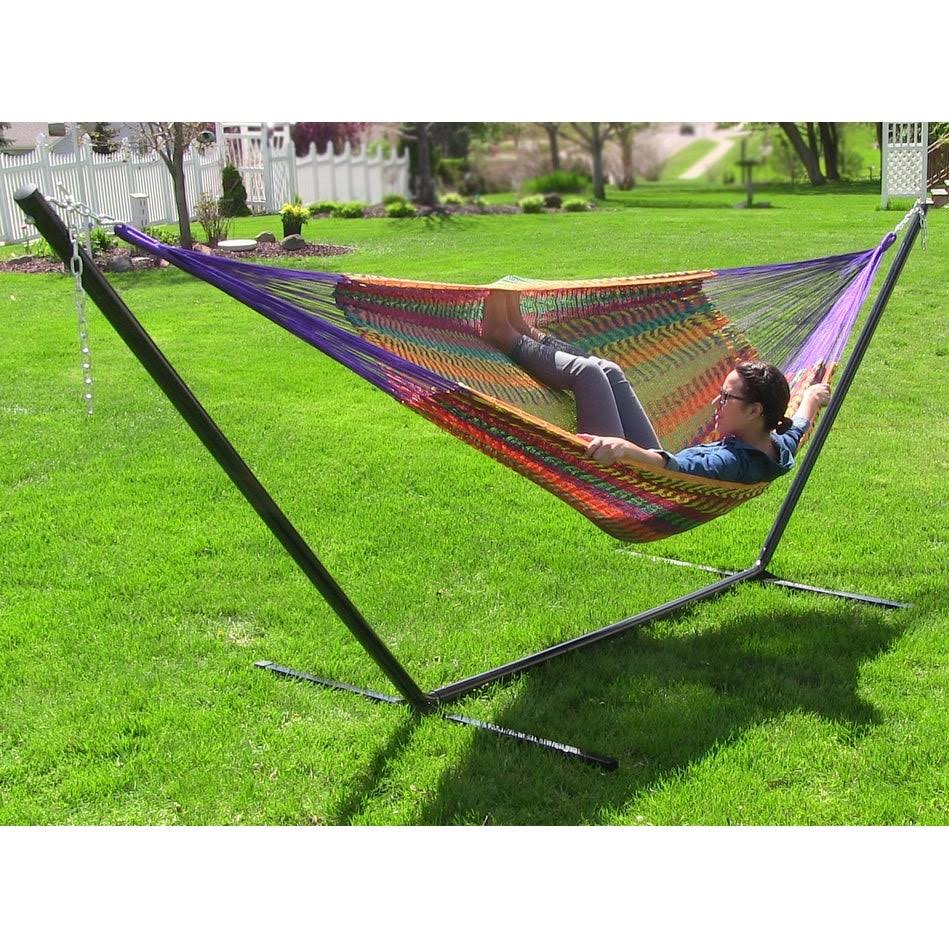 Sunnydaze Hand-Woven XXL Thick Cord Mayan Family Hammock with 15 Foot Stand, 400 Pound Capacity, Multi-Color