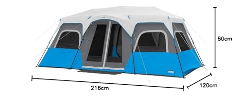 CORE Instant Cabin Tents with LED Lights | 6 Person / 9 Person / 12 Person Family Multi Room Lighted Pop Up Tents for Camping | Included Storage