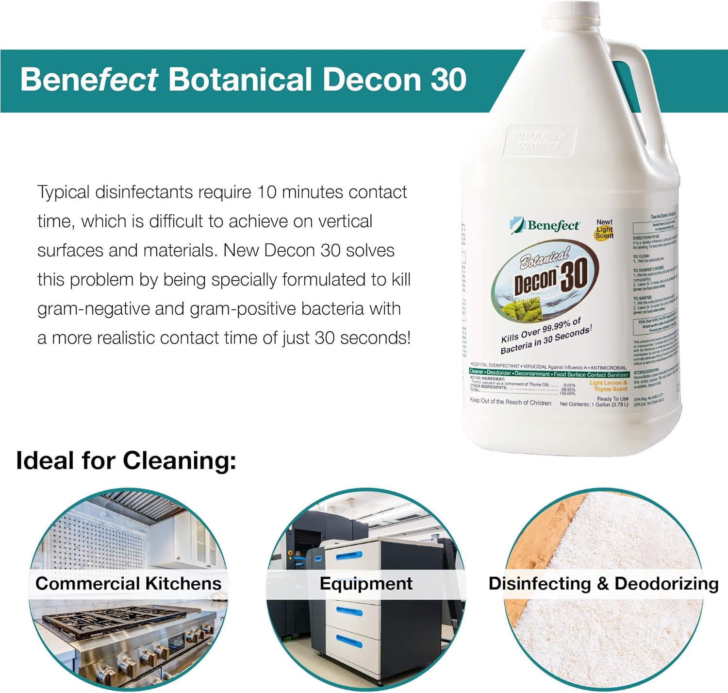 Benefect Botanical Decon 30 Disinfectant Cleaner - All Natural Formula for Effective Cleaning Power - Ideal for Restoration Jobs & Water Damage
