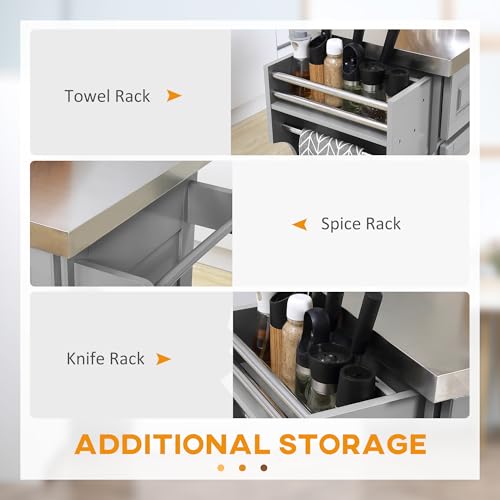 HOMCOM Rolling Kitchen Island Cart with Wheels, Portable Island Table for Kitchen with Stainless Steel Top, Adjustable Shelves, 2 Drawers, Spice