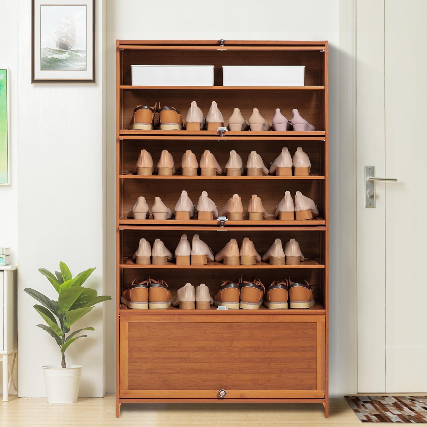 Magshion Bamboo 8 Tier Shoe Storage Cabinet with Flip Doors, Freestanding Shoes Heels Sandals Shelf Rack