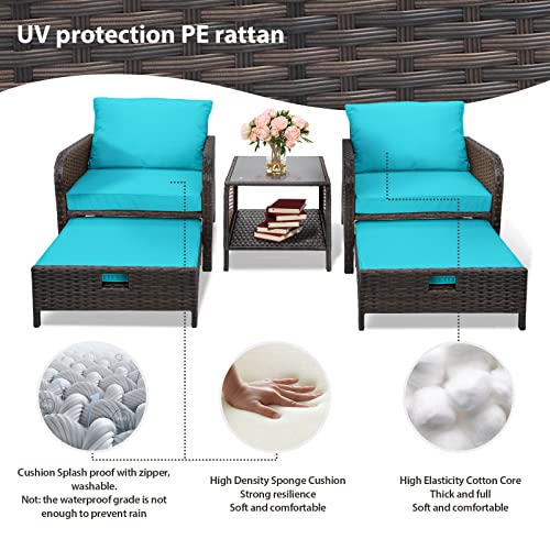 LEVELEVE Balcony Furniture 5 Piece Patio Conversation Set, PE Wicker Rattan Outdoor Lounge Chairs with Soft Cushions 2 Ottoman&Glass Table for Porch