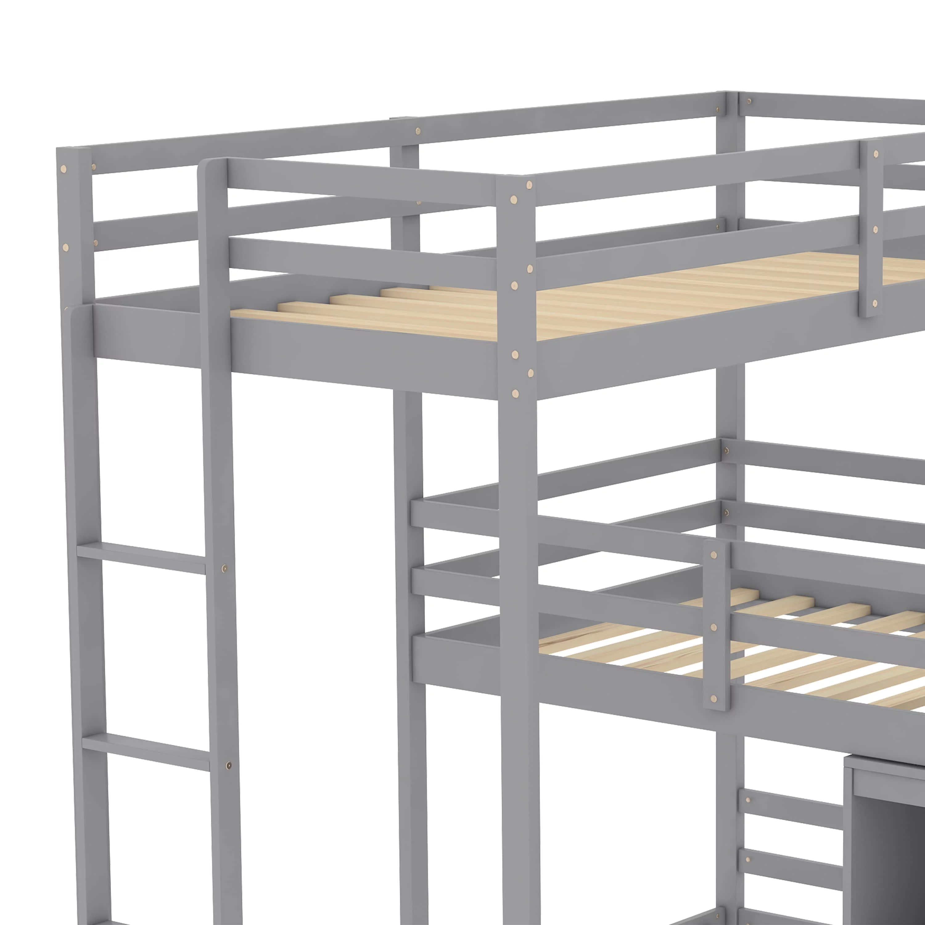 L-shaped Wood Triple Twin Size Bunk Bed with Storage Cabinet and Blackboard, Ladder - Curated Treasures Market