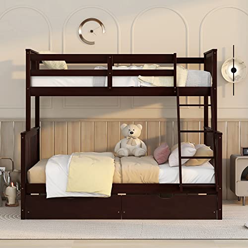 Ball & Cast Full Over Full Bunk Bed with Twin Size Trundle and Built in 4 Drawer,Wood Bunkbed w/Storage Ladder & Slat Support