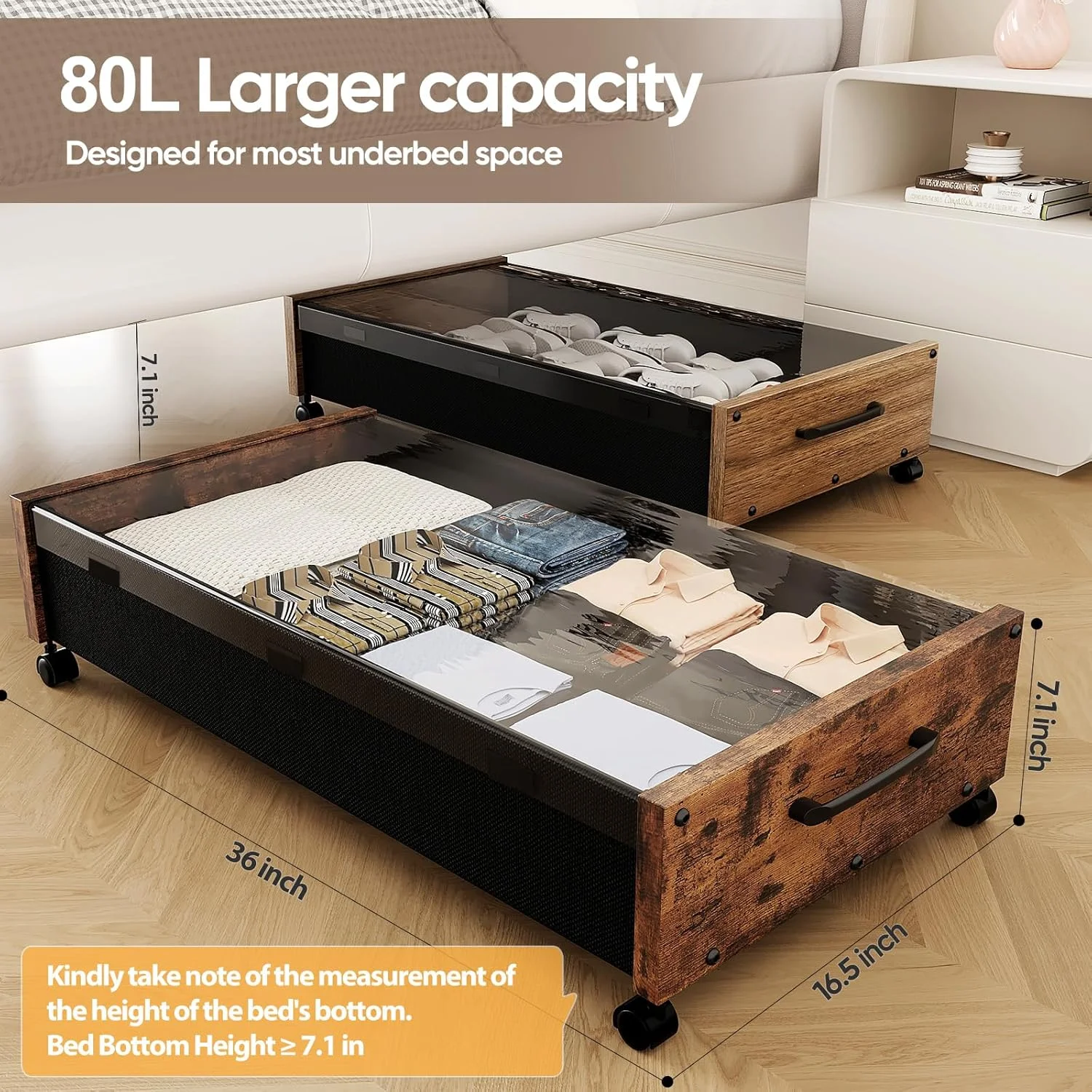 Wooden Under Bed Storage with Wheels, 80L Extra-large Rolling Under the Bed Storage Bins 2 Pack with Removable Lid