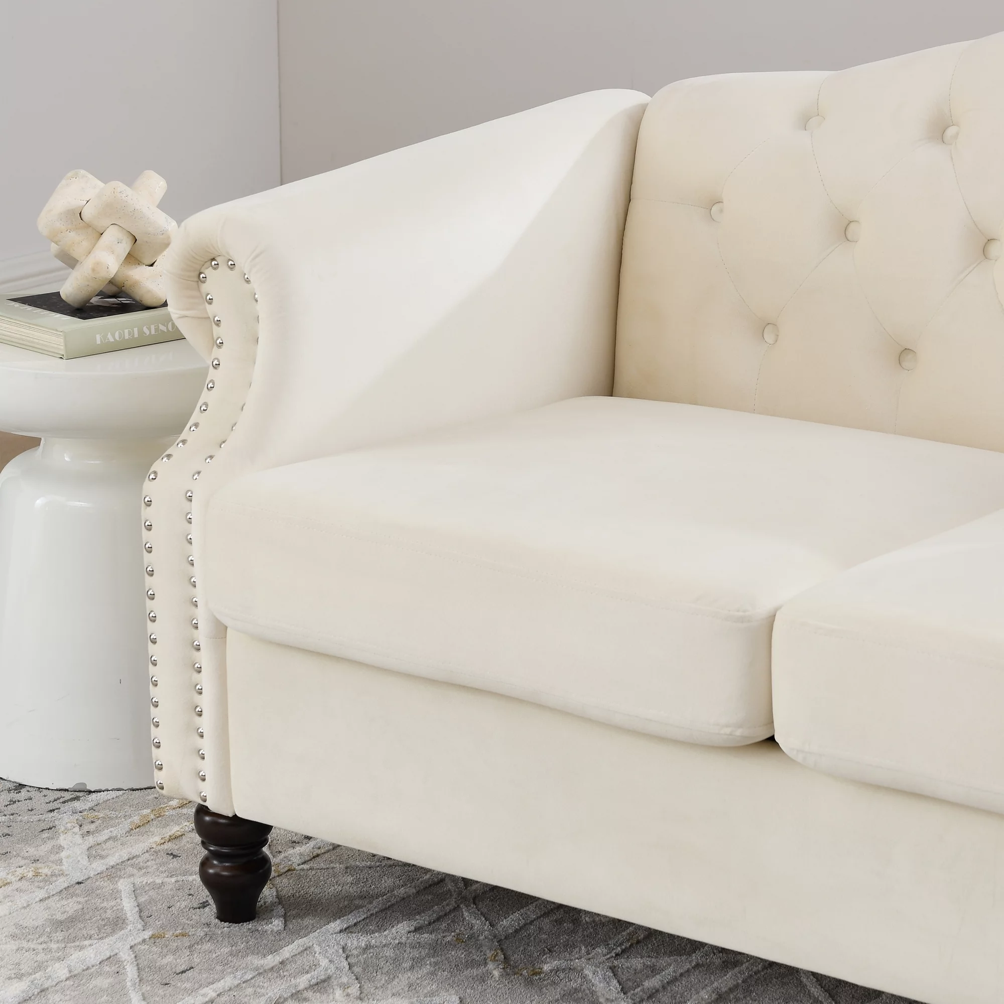 57" Chesterfield Sofa Grey Velvet for Living Room, 2 Seater Sofa Tufted Couch with Rolled Arms and Nailhead for Living Room, Bedroom, Office
