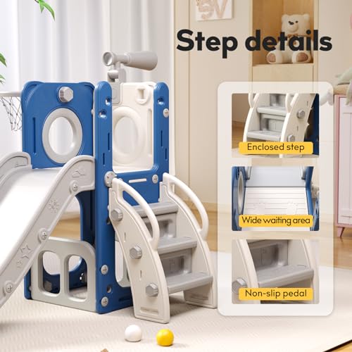 6 in 1 Toddler Playset with Slide, Kids Slide with Basketball Hoop, Ball, Ring Toss, Indoor Outdoor Toys (White Grey)
