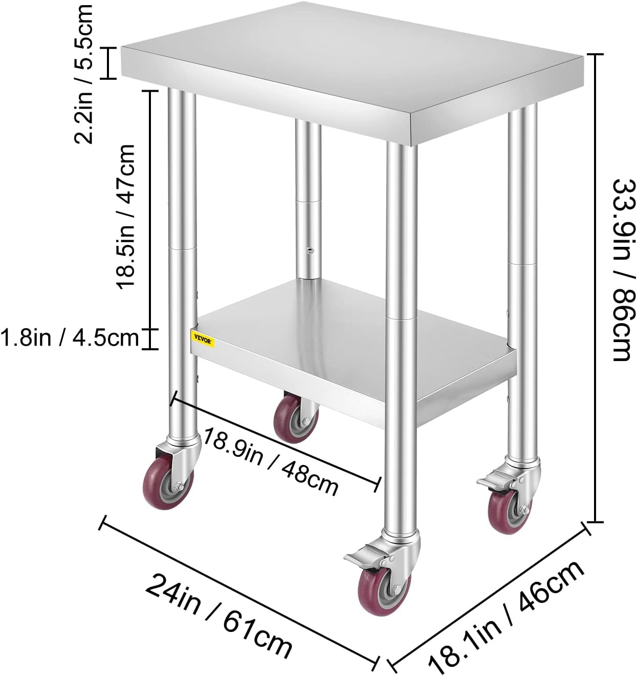 Mophorn Stainless Steel Work Table with Wheels 24 x 30 Prep Table with casters Heavy Duty Work Table for Commercial Kitchen Restaurant Business (24 x