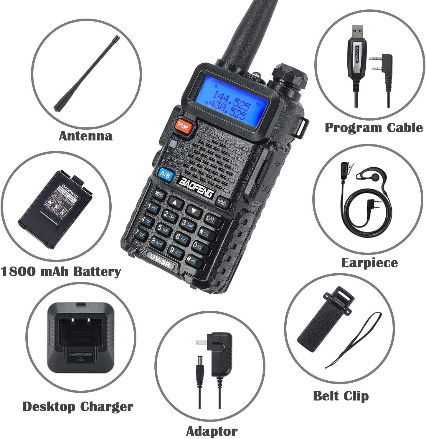 BAOFENG 2 Pcs UV-5R Dual Band Amateur Radio VHF/UHF Walkie Talkie 1800mAh Battery with Programming Cable Pack of 2