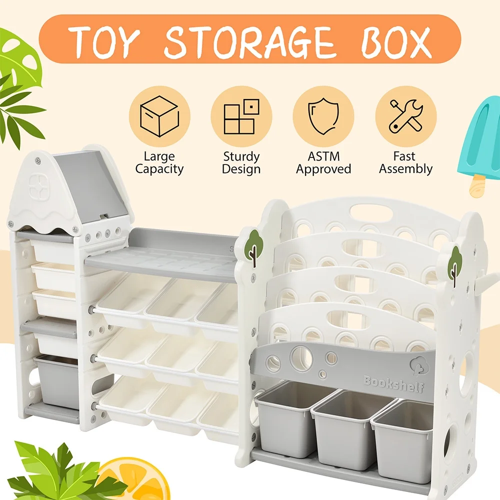 Kids Bookshelf Toy Storage Organizer, Multi-functional Nursery Organizer with 17 Bins and 4 Bookshelves