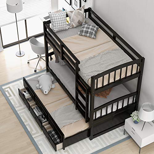 Harper & Bright Designs Twin Over Twin Bunk Bed with Storage Drawers, Solid Wood Bunk Bed Frame with Trundle, for Kids, Teens, Adults (White)