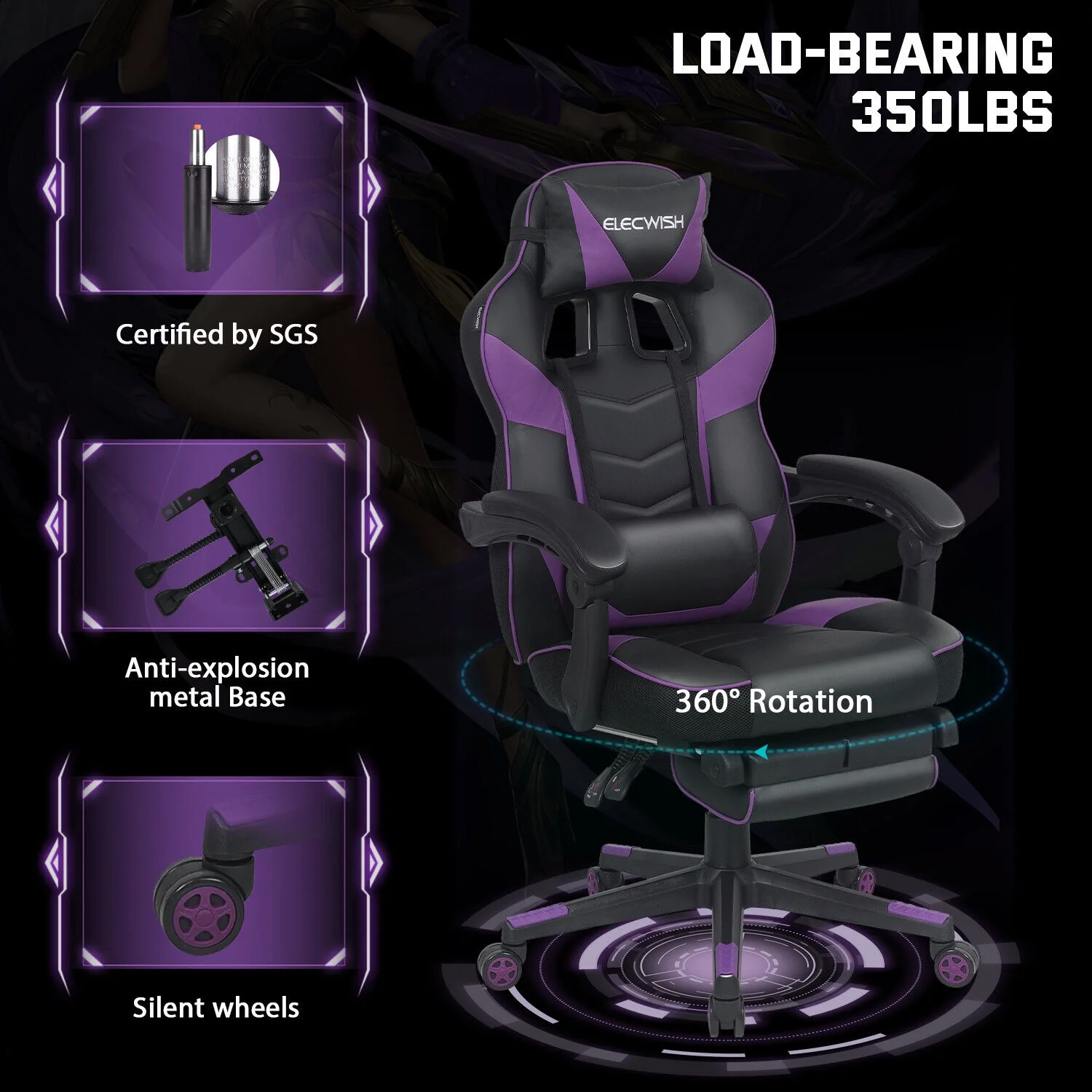 ELECWISH Gaming Chair Massage Office Chair Computer Executive Swivel Desk Seat Recliner Purple