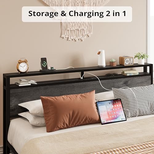 LIKIMIO King Bed Frame with Storage Headboard, Platform Bed with Drawers and Charging Station, No Box Spring Needed, Easy Assembly, Vintage Brown