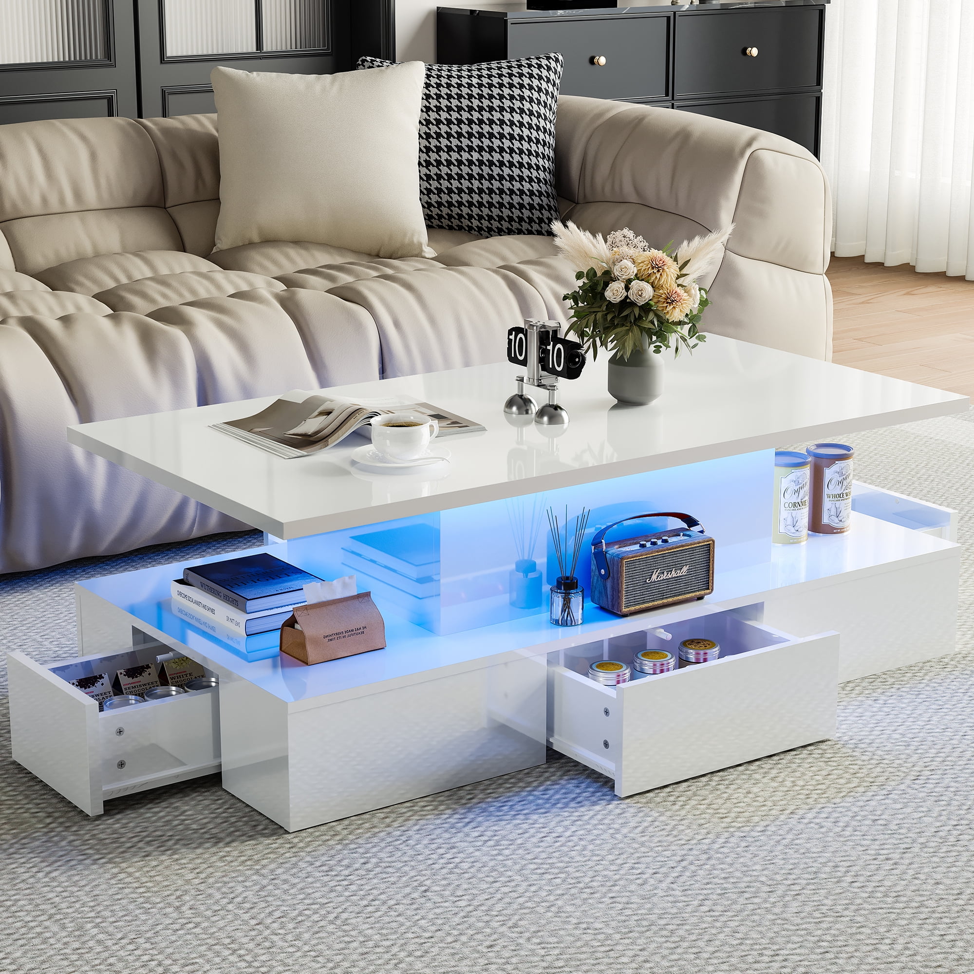HSUNNS White LED Coffee Table for Living Room, Modern High Glossy Center Table with 4 Drawers, Smart Cocktail Table Rectangle