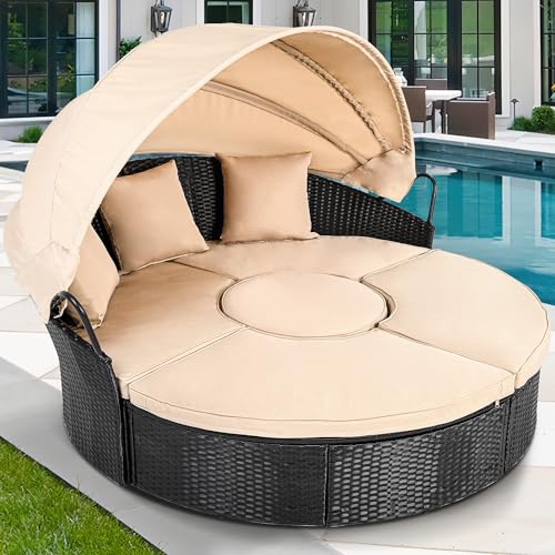 YITAHOME Outdoor Patio Wicker Daybed Furniture Set with Retractable Canopy, Storable Side Table