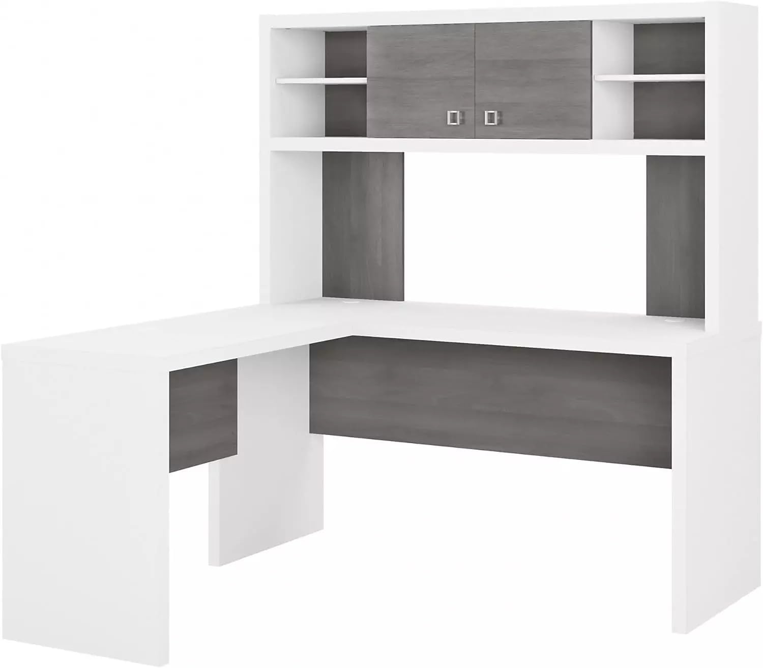 VcJta Modern 60W L-Shaped Desk with Hutch in Pure White & Gray, Corner Study Table with Storage, Home Office Furniture