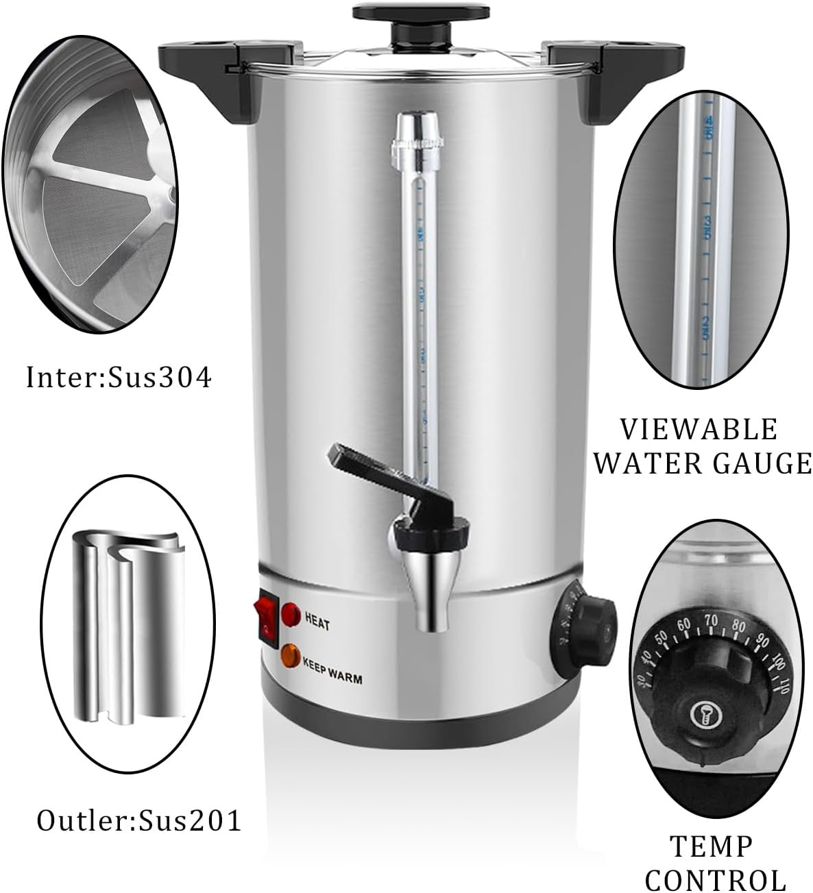Commercial Coffee Urn 110 Cup 16L, Fast Brew Stainless Steel Coffee Urn Dispenser Coffee Maker with Filter Hot Water Urn Percolate Coffee Maker