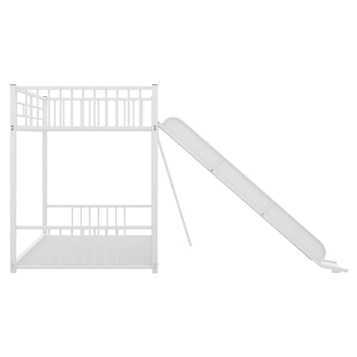 Metal Junior House Low Bunk Bed Twin Over Twin with Slide and Ladder, Montessori Floor Bunk Bed Frame with Full-Length Guardrail, Noise Free