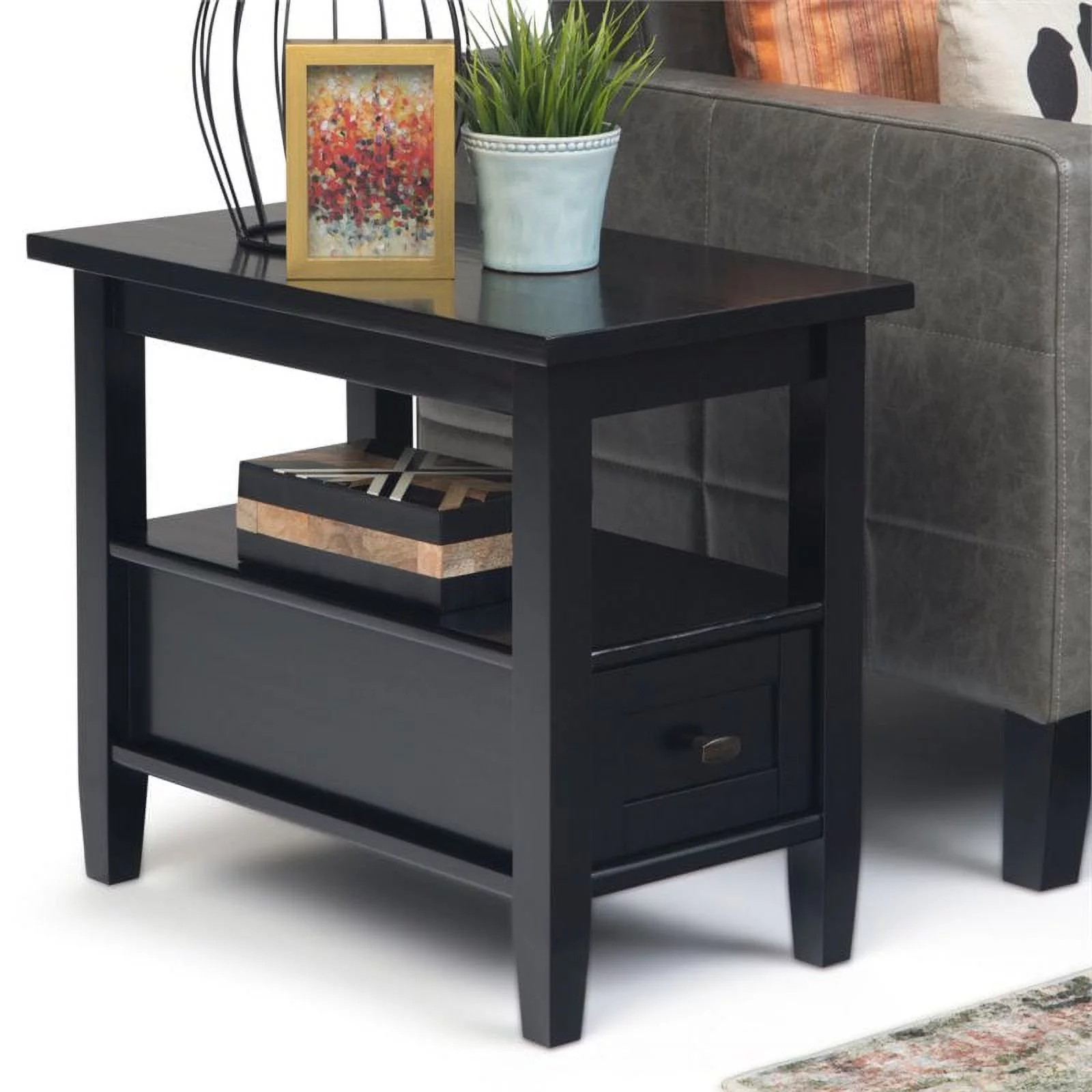 Trent Home 14" Rectangle Transitional Wood Narrow Side Table in Black