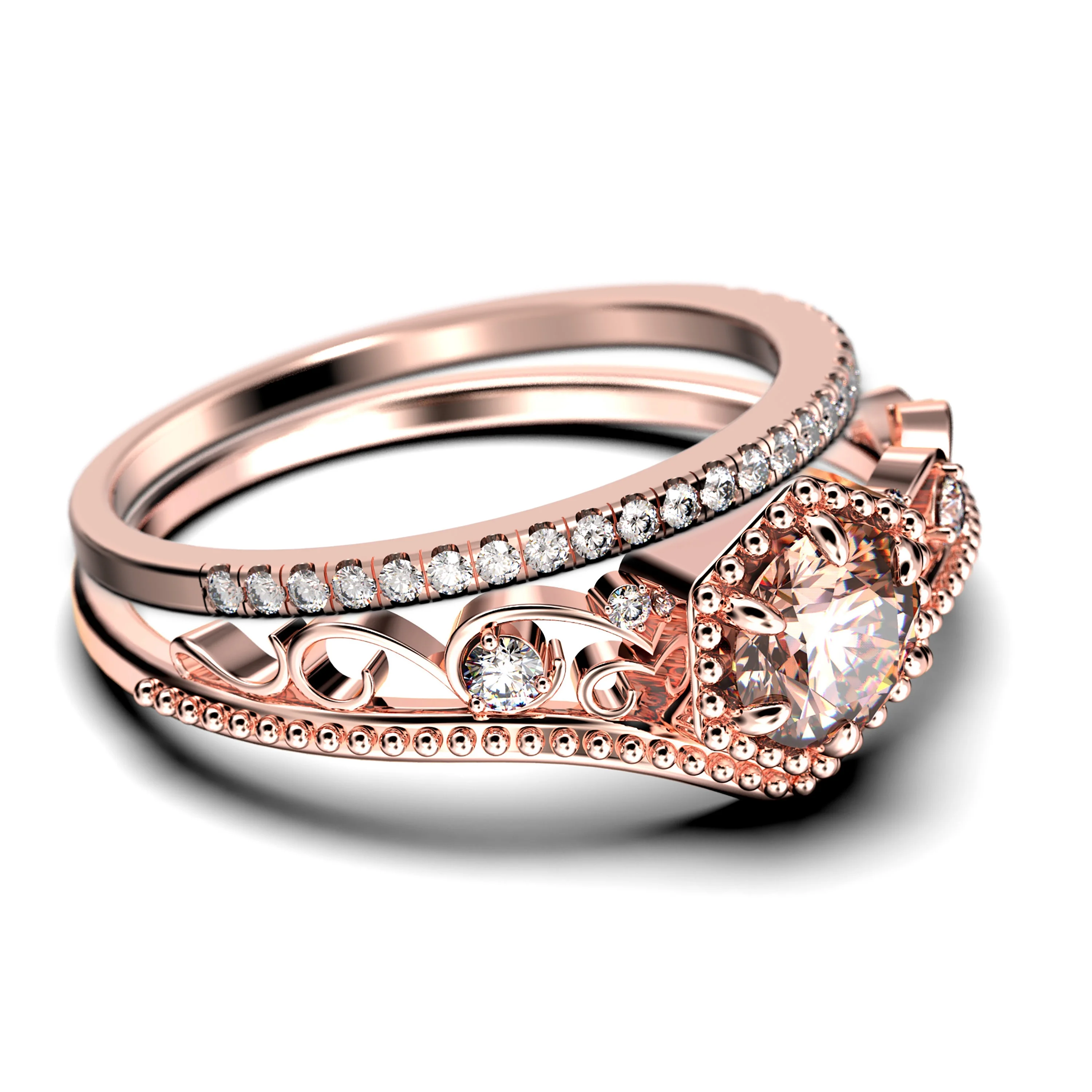 Antique Art Deco 2.00 Carat Round Cut Crown Morganite And Diamond Moissanite Engagement Ring, Wedding Ring