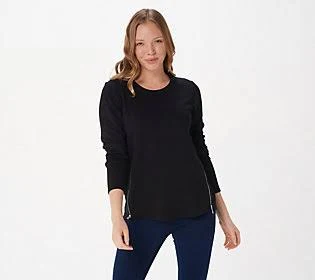 Susan Graver Weekend Heathered Brushed Knit_Top w/Zipper Detail, Size X-Small, Black