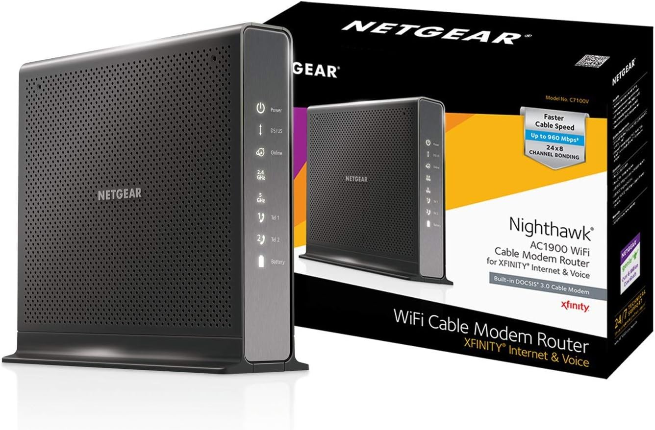 NETGEAR Nighthawk AC1900 (24x8) DOCSIS 3.0 WiFi Cable Modem Router Combo For XFINITY Internet & Voice (C7100V) Ideal for Xfinity Internet and Voice