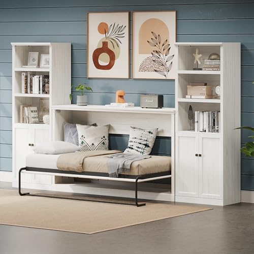 SOFTSEA Twin Size Murphy Bed with 2 Side Cabinet Storage Shelf, Horizontal Murphy Bed with Bookcase