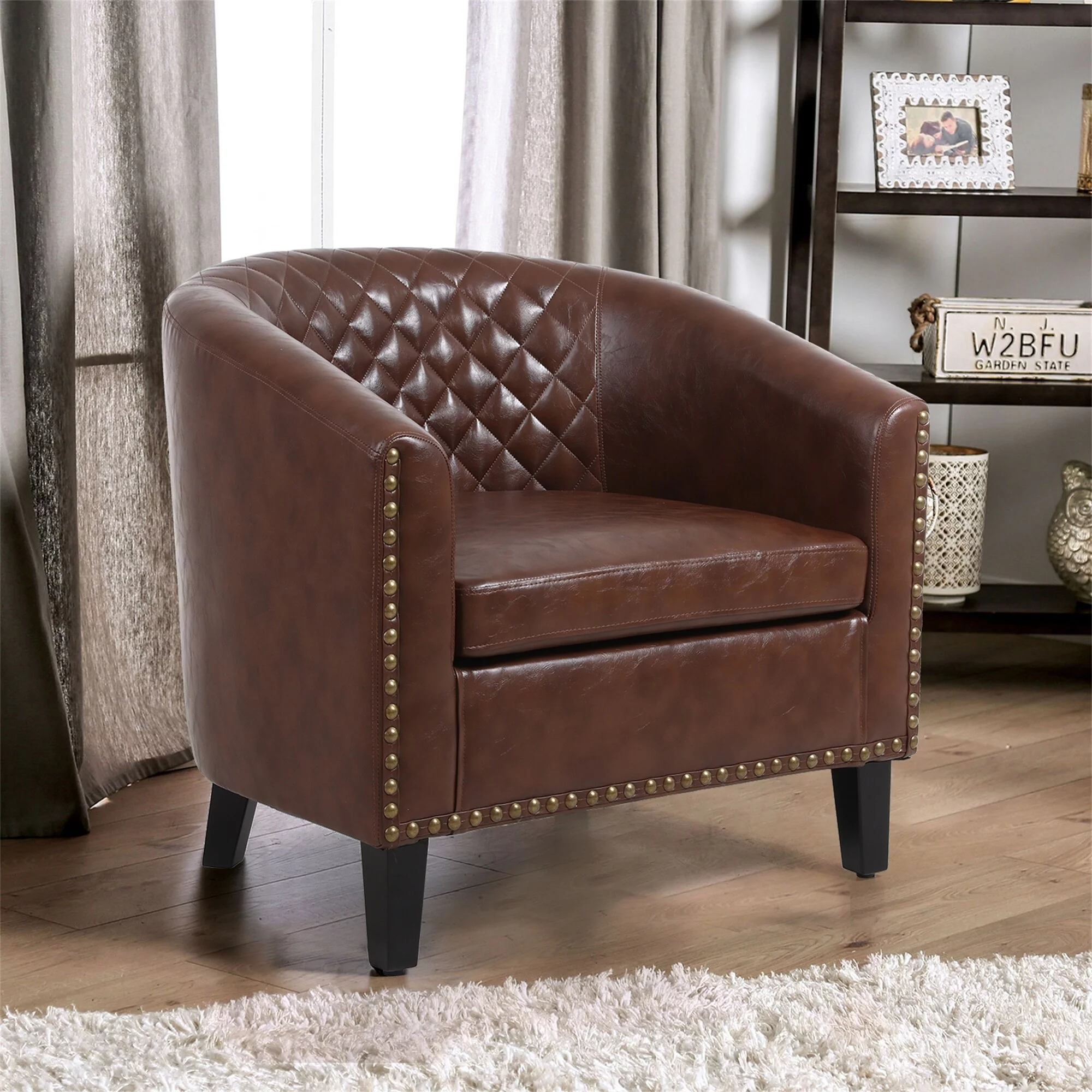 Clihome  PU Leather living Room Barrel Chair with Nailheads Black