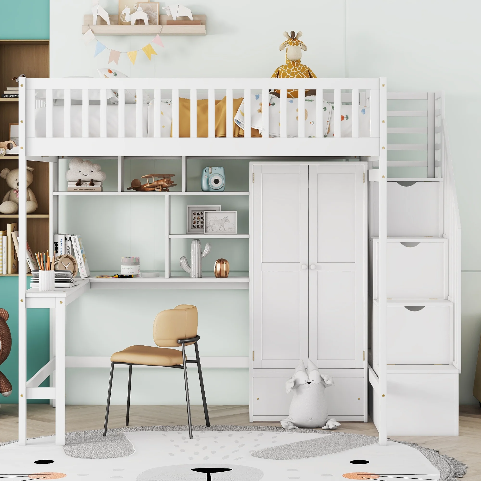 Churanty Full Loft Bed with Wardrobe Storage Space, Stairs Loft Bed with Desk and Shelves for Kids Boys Girls Teens,White - Radiant Selections