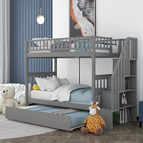 Harper & Bright Designs Bunk Beds Twin Over Full Size, Bunk Bed with Trundle,Storage Shelf and Stairway