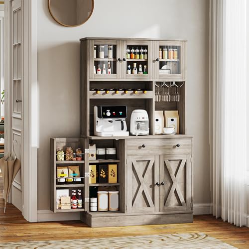 YITAHOME Kitchen Pantry Cabinet with Wine Rack & Power Outlet, 71" H Tall Storage Cabinet with Doors, Shelves, Drawer
