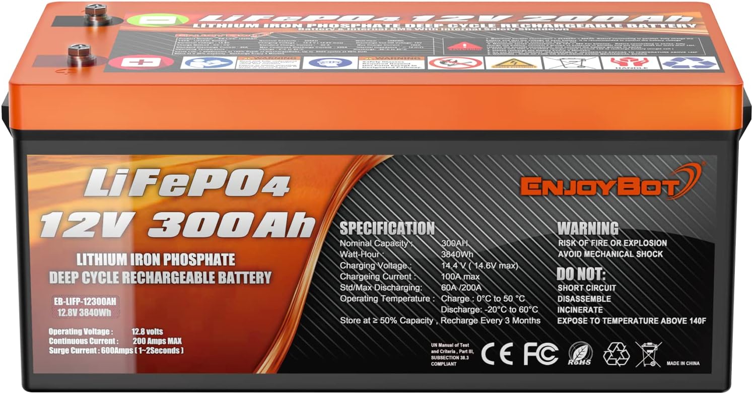 Enjoybot Deep Cycle Battery LiFePO4 12V 300Ah, Built-in 200A BMS, Lithium Iron Phosphate Battery for Solar RV Marine Camping
