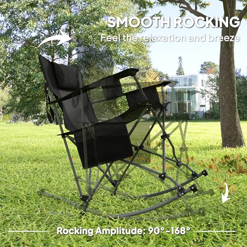 Outsunny Folding Rocking Camping Chairs for Adults, Portable Outdoor Rocking Chairs with Headrest, Cooler Bag, Cup Holder