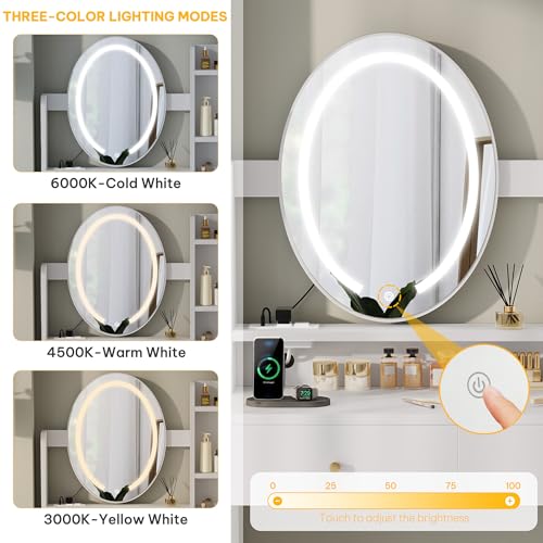 DWVO Vanity Desk with Mirror and Lights, Makeup Vanity Table Set with Power Outlets and Chair, 3 Lighting Colors