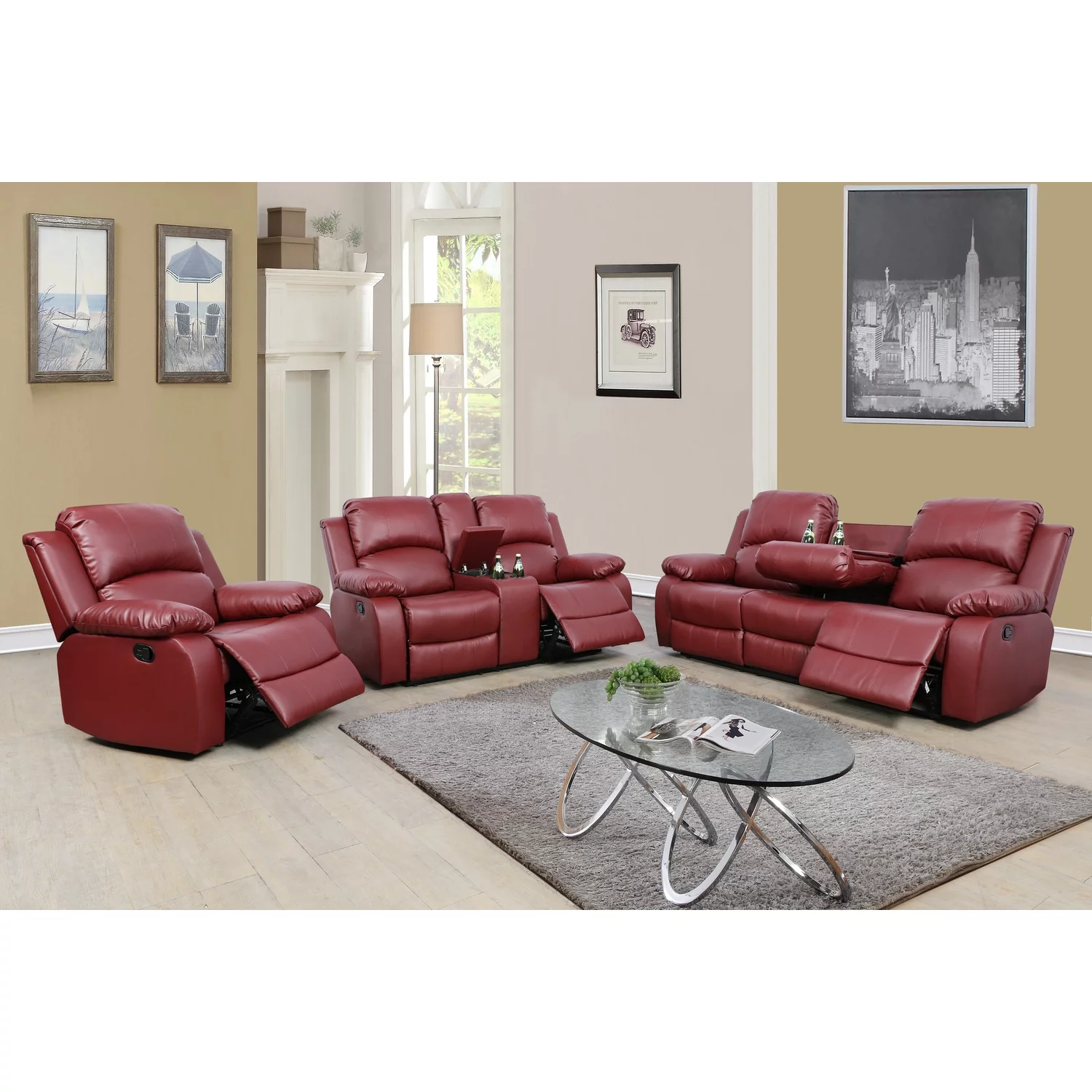 Lifestyle Furniture Sectional Recliner Sofa Set Faux Leather 3 PCS Motion Sofa Loveseat Recliner Couch Manual Reclining Chair with Drop Down Table &