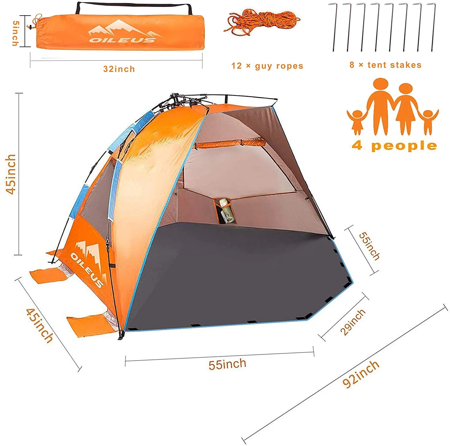Oileus Beach Tent Sun Shelter X-Large 4 Person Tent, Portable Sun Shade, Pop Up Tents for Beach with Carry Bag, Stakes, 6 Sand Pockets