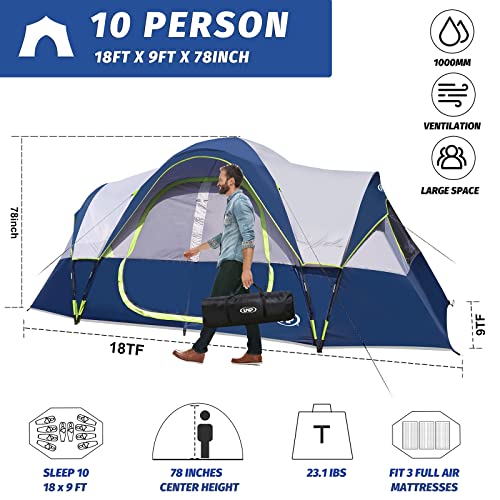 UNP Camping Tent 10-Person-Family Tents, Parties, Music Festival Tent, Big, Easy Up, 5 Large Mesh Windows, Double Layer, 2 Room, Waterproof